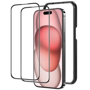 NIMASO 縁が割れにくい iPhone 15 用 全面保護 ガラスフィルム 3Dソフトエッジ エッジ部が強い 強化ガラス フィルム 硬度9H 耐衝撃 自動吸着 ガイド