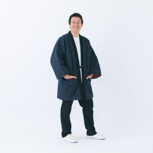 白根はんてん(袢天・半纏) oversized 日本製 宮田織物謹製 袢纏 どてら メンズ・レディース 綿入り 久留米 和モダンシリーズ 黒・紺 ロング90cm丈｜miyata