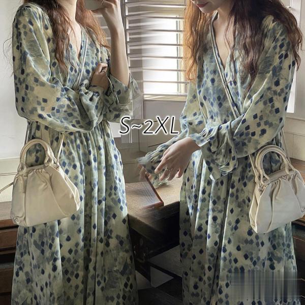 ワンピース ロング 夏半袖 花柄フレンチ Vネック ロング フレアマキシ丈 シフォン 韓国 ゆったり...