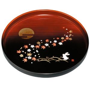 お盆 トレー おしゃれ 丸盆 杢漆分け 春秋月うさぎ 30cm 漆器 和柄