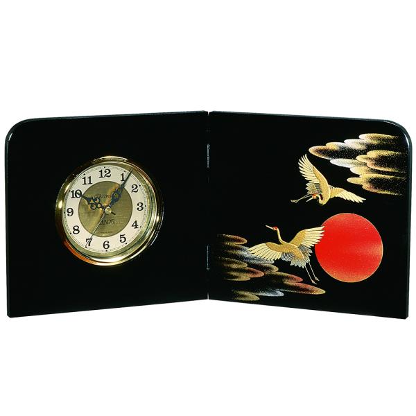 紀州塗り 屏風時計 日の出鶴 盛り絵 和風 おしゃれ 木目 インテリア 日本製 置き時計 置時計 和...
