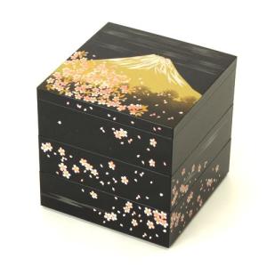 ５寸 三段 重箱 さくら富士（黒） 日本製 大型 弁当箱 おしゃれ 3段 お重箱 かわいい おせち オードブル お節 お花見 じゅうばこ 桜 富士山