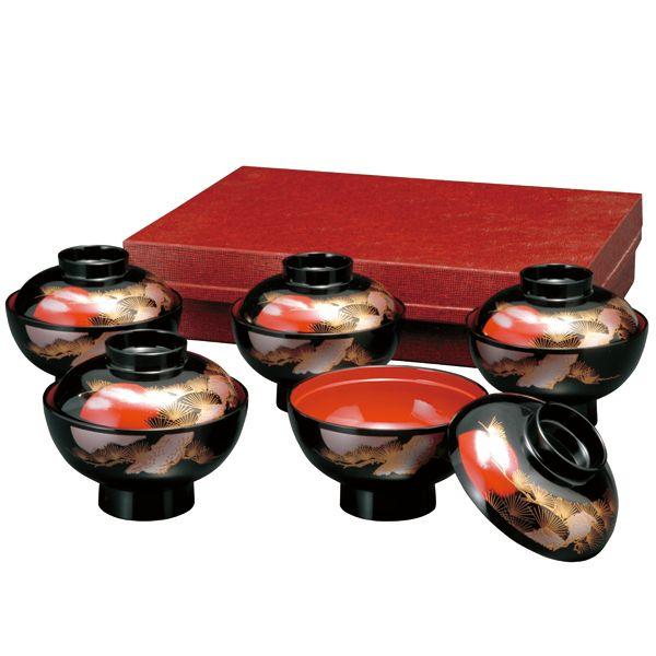 箱入 ４寸 5客セット 吸物椀 黒内朱 日の出松 お椀 お碗 汁椀 小夜 おわん スープボウル 和食...