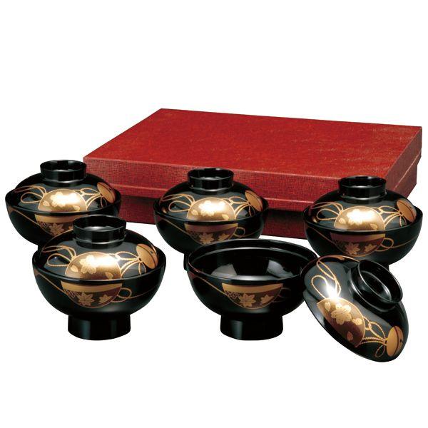 箱入 ４寸 5客セット 吸物椀 黒 松葉 お椀 お碗 汁椀 小夜 おわん スープボウル 和食器 御祝...