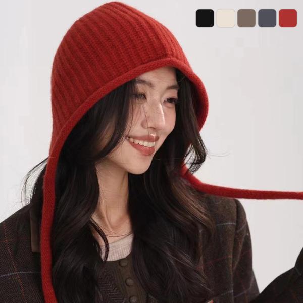 ビーニー ニット 帽子 レディース ゆったり キャップ リブ イヤーフラップ リボン あご紐 紐付き...