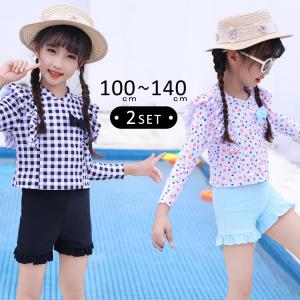 キッズ 水着 女の子 2点セット セパレート 長袖 ショートパンツ 花柄 チェック フリル リボン パッド付き 幼稚園 保育園 小学生 ネームタグ 黒