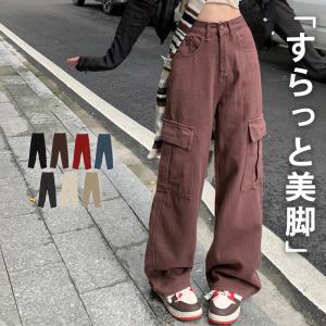 カーゴパンツ レディース ゆったり デニム ストレート ルーズ ズボン ボトムス メンズライク シンプル 無地 楽 春 秋