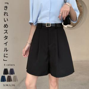 ハーフパンツ レディース きれいめ ボトムス ミニボトム スラックス タック 春夏 ワイドパンツ ショートパンツ 薄手 ポケット シンプル 黒