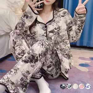 ルームウェア レディース セットアップ Vネック トップス 前開き 長袖 パンツ ロング丈 2点セット 上下セット パッド一体型 無地 総柄 花柄 ボタニカル柄