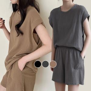 ルームウェア レディース 上下セット パジャマ セットアップ トップス 半袖 ショートパンツ 2点セット 薄手 シンプル 無地 黒