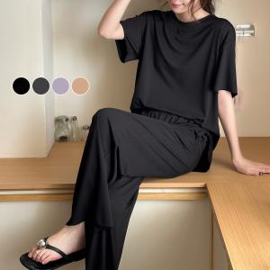 ルームウェア レディース 上下セット セットアップ パジャマ リブ トップス 半袖 パンツ ロング丈 2点セット 肌触り 良い ゆったり 夏 黒