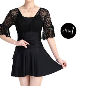 ワンピース水着 レディース 体型カバー 大きいサイズ 半袖 ママ ミセス 露出控えめ オールインワン ぽっちゃり レース