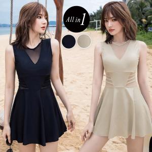 水着レディース ワンピース 体型カバー 20代 30代 40代 50代 ママ水着 露出控えめ 黒 オールインワン