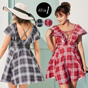 ぽっちゃり ワンピース 水着 レディース  体型カバー 大きいサイズ 20代 30代 40代 50代 ハイウエスト レースアップ