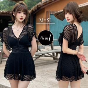 水着 ワンピース 体型カバー ぽっちゃり パッド付き オールインワン Vネック シアー レース ワイヤー入り ギャザー カバーアップ 黒