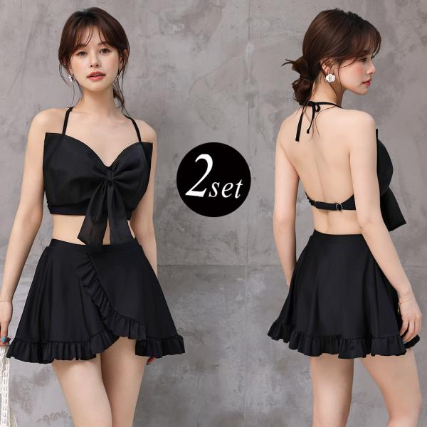 水着 体型カバー ビキニ レディース 2点セット セパレート キャミキニ リボン 2WAY シアー ...