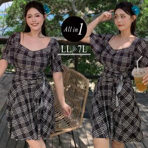 ワンピース 水着 レディース オールインワン 体型カバー ぽっちゃり チェック 半袖 黒 夏 海 プール 大きいサイズ プラスサイズ水着