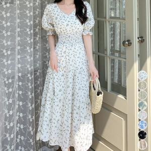リゾートワンピース レディース サマードレス ロング マキシ丈ワンピース シフォン 春夏 きれいめ 花柄 薄手 透け感 パフスリーブ