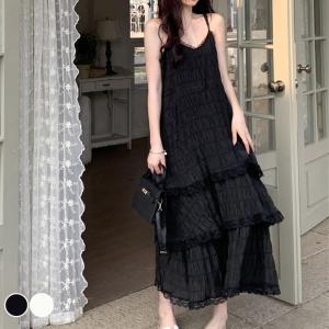 ワンピース キャミソール 春夏 レディース ゆったり リゾート ノースリーブ きれいめ 黒 白 無地 サマーワンピース