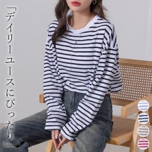 カットソー 長袖 レディース トップス インナー ロングTシャツ チュニック プルオーバー ボーダー ラウンドネック 伸縮性 黒 春 秋冬
