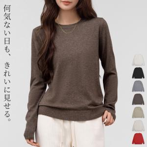 ニット トップス リブ カットソー レディース 長袖 クルーネック きれいめ ハイゲージ 柔らかい シンプル 無地 杢柄 薄手 黒 白 秋 冬