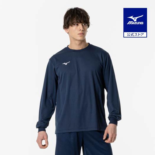 ミズノ公式 ナビドライTシャツ 長袖/丸首 ユニセックス ドレスネイビー×ホワイト トレーニングウェ...