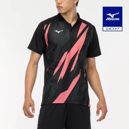 ミズノ公式 ドライエアロフローゲームシャツ ラケットスポーツ ユニセックス ブラック×ネオンフレイム