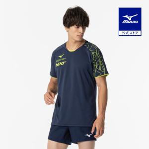 ミズノ公式 N-XTプラシャツ 半袖 バレーボール ユニセックス ドレスネイビー×セーフティーイエロー｜mizuno-shop