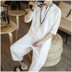 甚平 ヘンリーシャツ 綿麻上下セット セットア...の詳細画像5