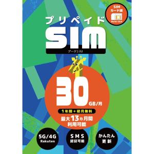 プリペイドSIM 日本 30GB 月 SMS認証可能 最大13ヶ月 1年間有効 大容量 楽天モバイル...