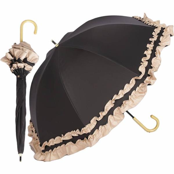 【送料無料】ショート丈日傘 ラタン深張 colon FRILL ダブルフリル ブラック×ベージュ [...
