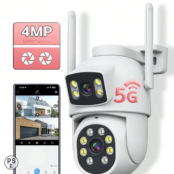 デュアルレンズ屋外防犯カメラ ワイヤレスPTZ 2.4/5GHzWiFi対応 自動追跡 カラーナイト...
