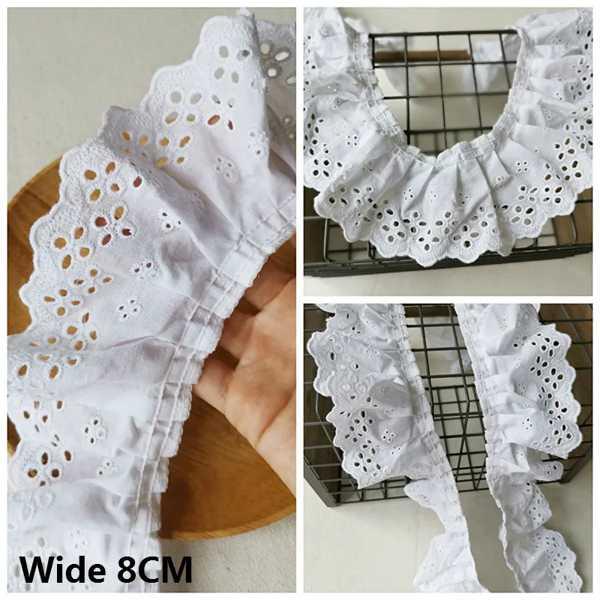 8 センチメートルワイド白コットンレースプリーツフリルトリム中空刺繍ギピュール 3d レース生地リボ...