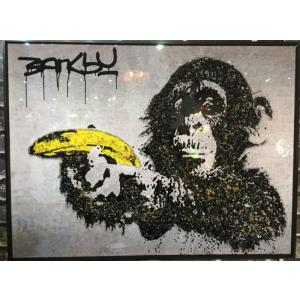 送料無料　新品・プレゼント・額付・新築祝 アートパネル・パロディー・Banksy ・チンパンジーとバ...