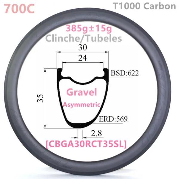 非対称カーボンホイール385g 30x35内部24mm 700cグラベルcxロードクリンチャーチュー...