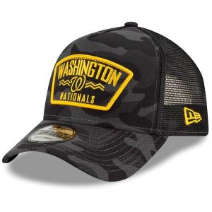 ナショナルズ MLB キャップ ニューエラ New Era グラファイト Patch A-Frame 9FORTY Trucker Snapback Hat｜mlbshop