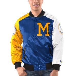 MLB ブリュワーズ スタジャン Varsity 3カラー サテン フルスナップ ジャケット アウター STARTER Royal/Yellow 2212msg｜mlbshop