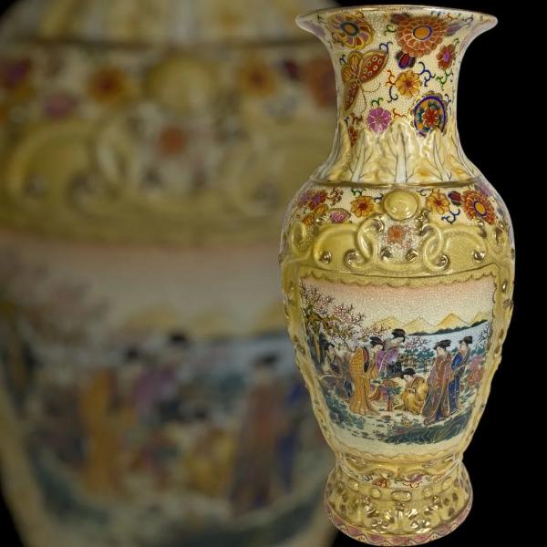 薩摩焼 花鳥風月図 金彩絵付 壺 花瓶 高さ約45cm 飾壺 骨董 和風インテリア 美術陶器 SAT...