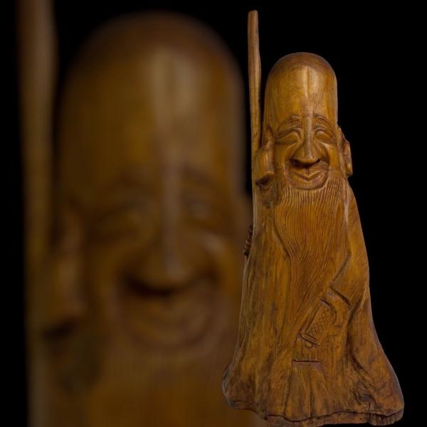 木彫り 寿老人像 七福神 福禄寿 手彫り  彫刻置物 木製人形 工芸品 民芸品 仏教美術