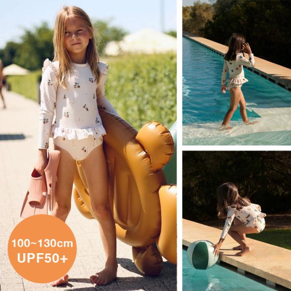 UPF50+【100~130cm】スイムキャップ付きガールズスイムウェア ラッシュガード 長袖 子供...