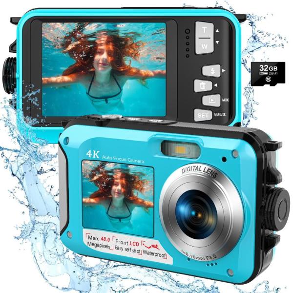 4K デジカメ 防水 水中カメラ 防水カメラ 3M防水 ケース不要 デュアルスクリーン 自撮可能 操...