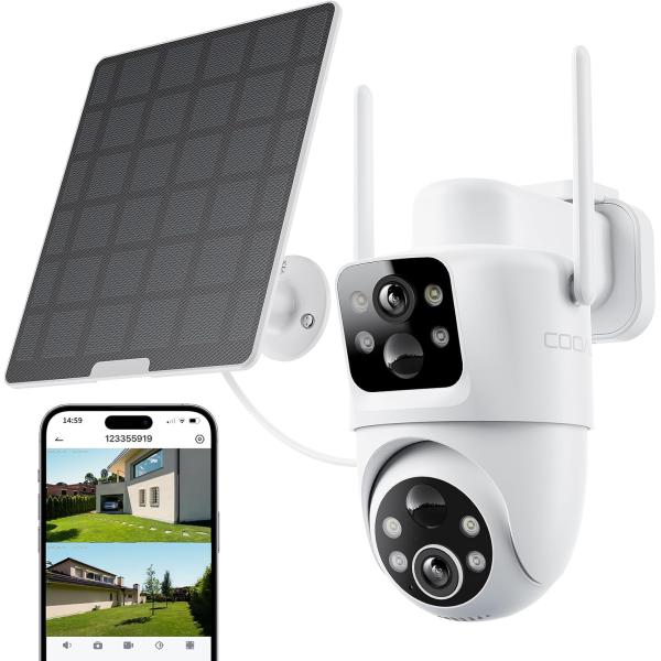 新進化デュアル防犯カメラ 同時記録/再生 360全方位カバー 防犯カメラ 屋外 ソーラー 電池式 5...