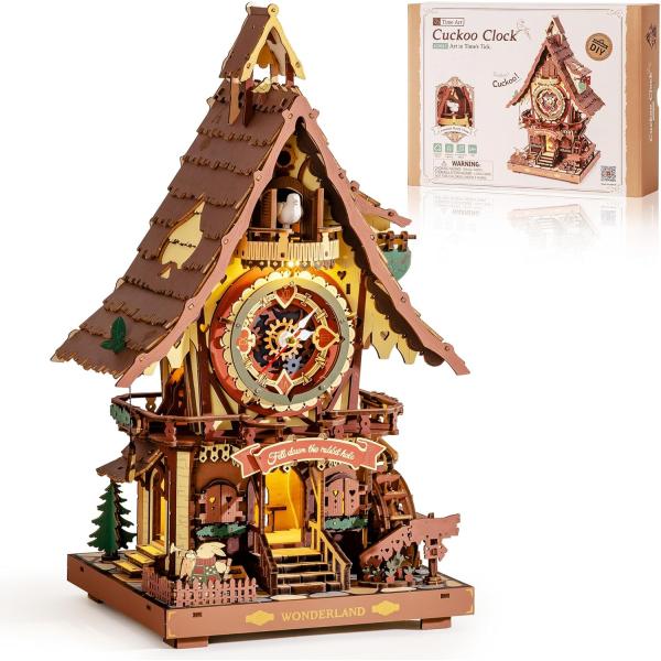 立体パズル 木製 3D ウッドパズル からくり立体時計 鳩時計 LED付き 癒しの音と光 可動式モデ...
