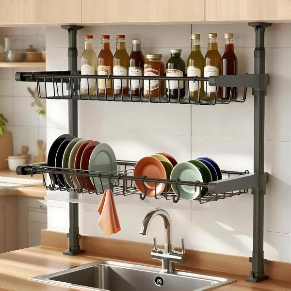 水切りラック 突っ張り シンク上 2段 食器 水切りかご 幅62x奥行26x高68~100CM 耐荷...