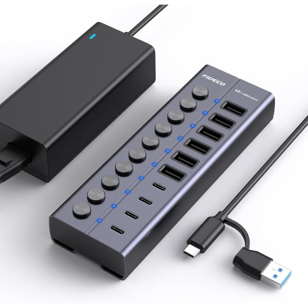 60W USBハブ 電源付き 10ポートの 拡張 セルフパワー 10Gbps USBスプリッター U...