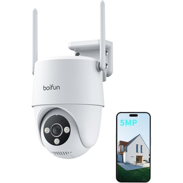 2.4と5GhzWiFi対応・5MP超高画素 防犯カメラ 屋外 360°広角 夜間カラー撮影 常時録...