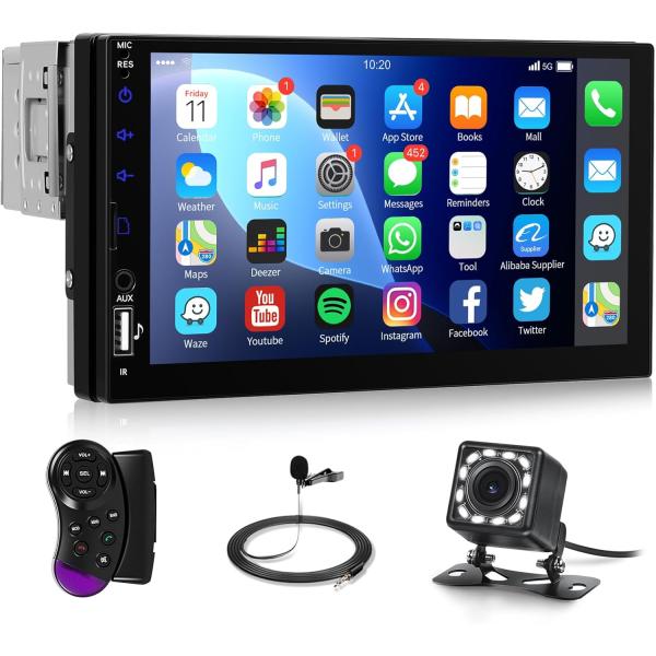 カーオーディオ1 DIN Bluetooth、7インチHD LCDディスプレイ搭載カーラジオ、ミラー...