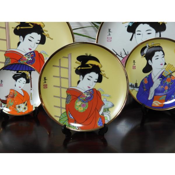 芸者絵画（障子）16cm D. 絵皿・ 美人画絵皿　日本美人着物・(6-1/4"D.Geisha G...