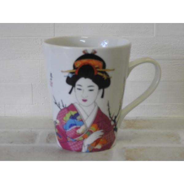 朝マグカップ・美人画絵 マグカップ 芸者絵柄   (  折り鶴  )  8oz Caffe Latt...