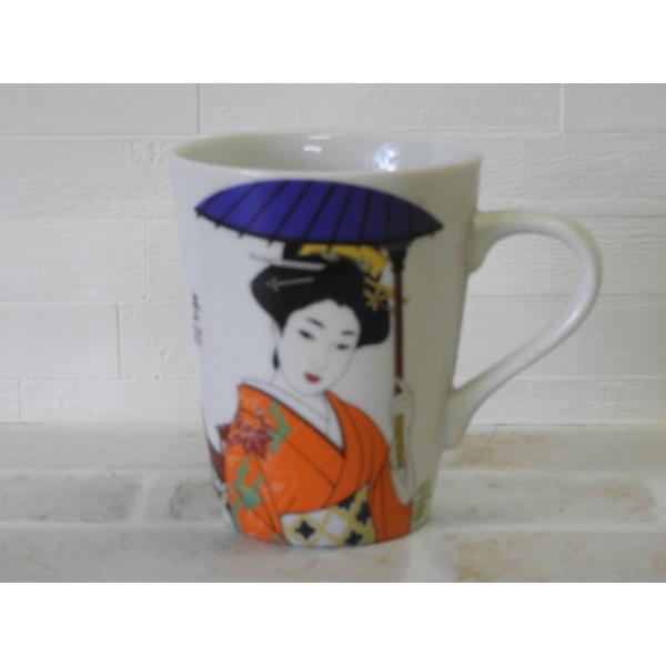 美人画絵ラッテマグカップ 芸者絵柄  (傘）和柄マグカップ　日本美人　着物・8oz Caffe La...